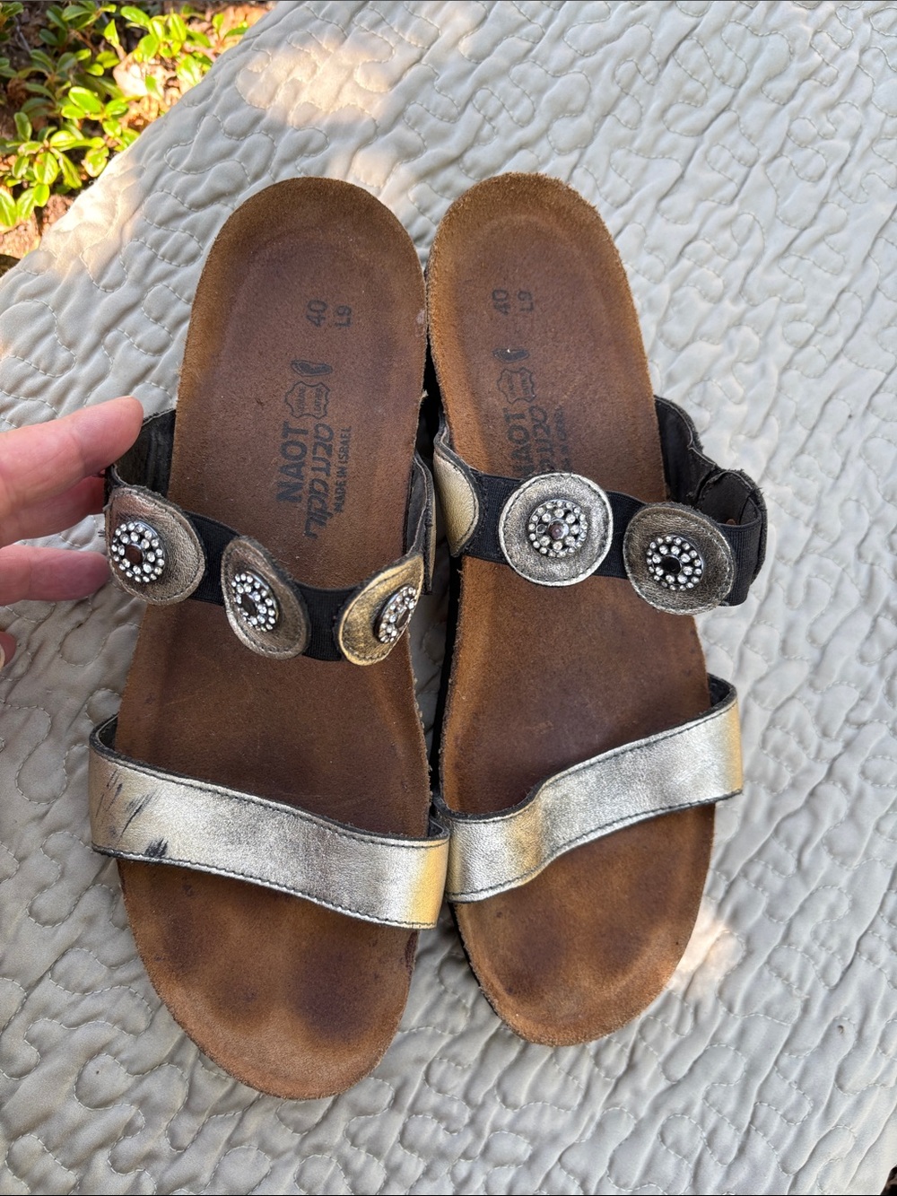 Naot Women's Silver and Black Leather Slide Sandals with Decorative Medallions